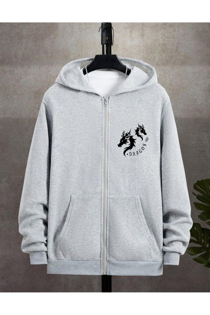 Men's Gray Hooded Zippered Oversize Sweatshirt Winter School Cardigan Hooded Printed