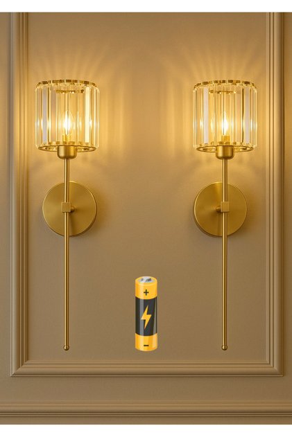 Modern Tasarım Kristal Taşlı Kablosuz Aç Kapa Butonlu Pilli Aplik Eskitme Gold Tak Çalıştır 1 ADET