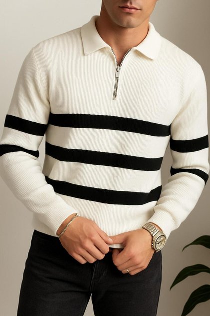 Zipper Collar Ecru Premium Striped Steel Knitwear Sweater
