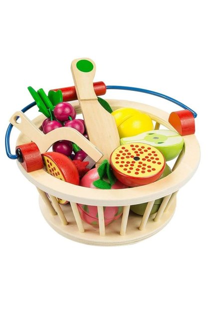 Joc educativ Cos cu fructe din lemn pentru feliat, 12 piese, multicolor