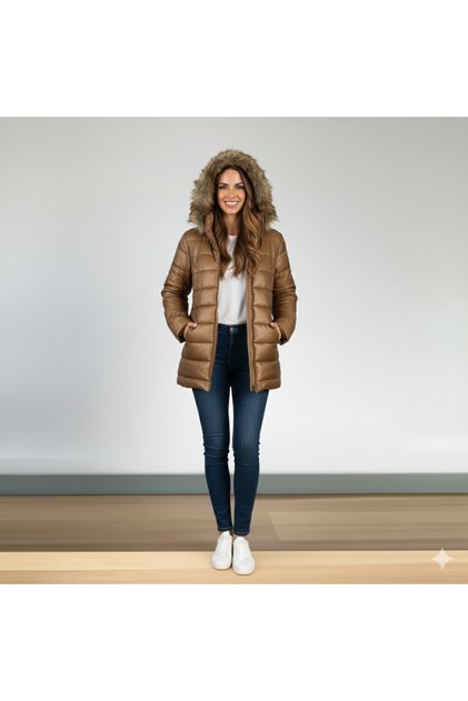 Women's Hooded Fur Coat with Front Zipper