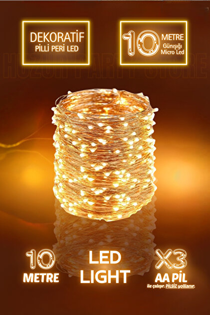 10 Metre Günışığı Yılbaşı Ağacı Işığı Yeni Yıl Süsü Peri Led Işık Sarı Pilli Ledli Gece 3 Fonksiyon