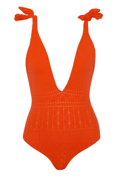 V-Neck Knitted Pomegranate Flower Swimsuit
