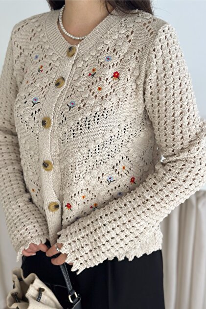 Beige Embroidered Buttoned Openwork Knitwear Cardigan Standard Size