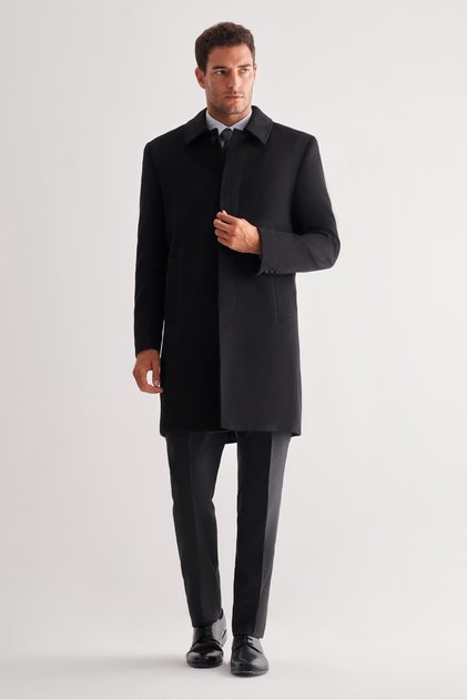 Siyah 110 Cm Kaşe Düz Comfort Fit Classic Palto