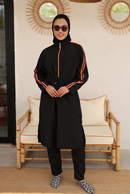 Hayaa+ Black with Orange Stripes Knee Length Full Coverage Muslim Burkini Swimwear