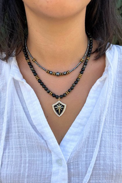 Onyx Natural Stone Steel-Tipped Hematite Stone Handmade Special Design Double Natural Stone Necklace Combination