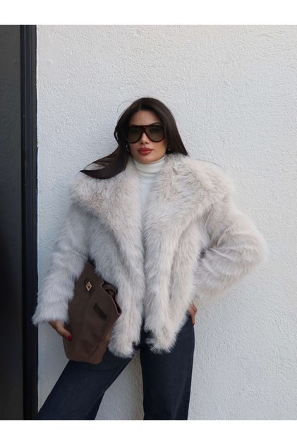 Shawl Collar Snap Fastener Faux Fur