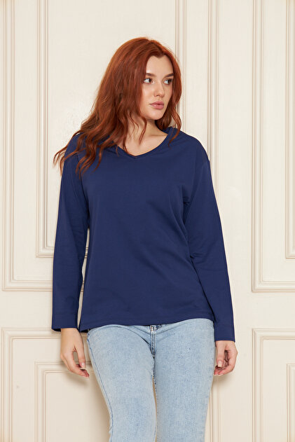 indigo %100 Organik Pamuk V Yaka Yumuşak Dokulu Regular Kalıp Rahat Kesim Uzun Kol Penye T-Shirt