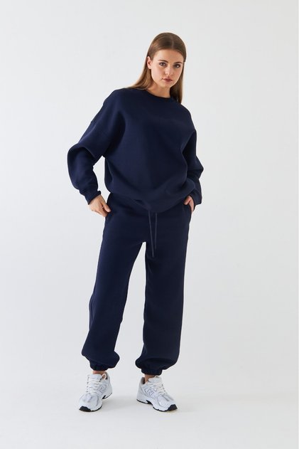 Unisex Oversize Tracksuit Set Basic Navy Blue – Crew Neck, Elasticated Legs, 3-Thread Fleece