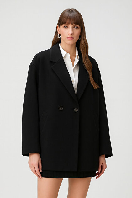 tach W1-73757 Kadın Kısa Kaşe Kaban Düğmeli Siyah - Fiyatı, Yorumları