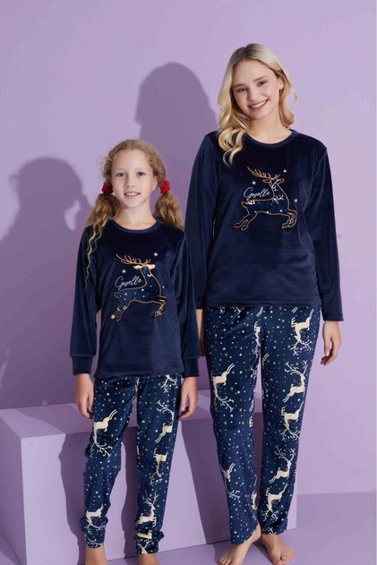 Mother Daughter Matching Deer Embroidered French Velvet Pajama Set Red and Navy Blue (Sold Separately)