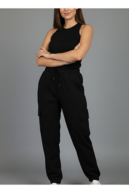Siyah Kargo Cepli Beli Lastikli Spor Pantolon