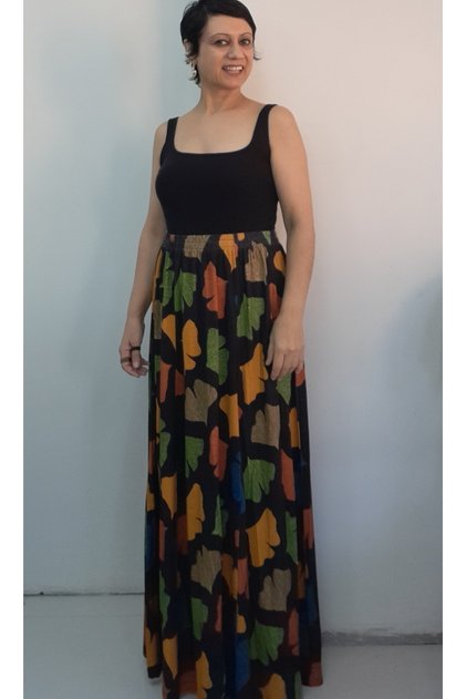 Black Leaf Patterned 6-Piece Combed Viscose Skirt