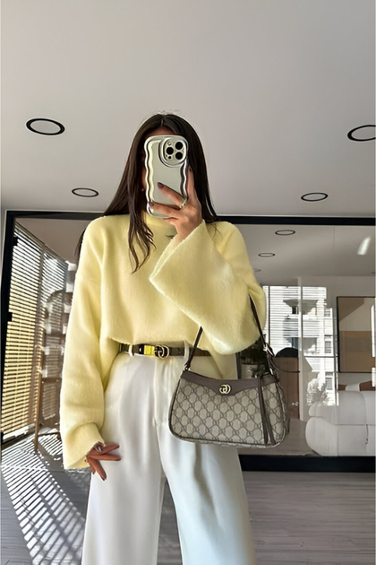 Yellow Crew Neck Soft Bearded Yarn Pipe Sleeve Knitwear Sweater