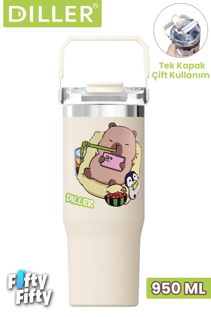 Tumbler Kapibara 950 ML Tek Kapak Çift Kullanım Pipetli/Pipetsiz Taşıma Kulplu Çelik Termos-F