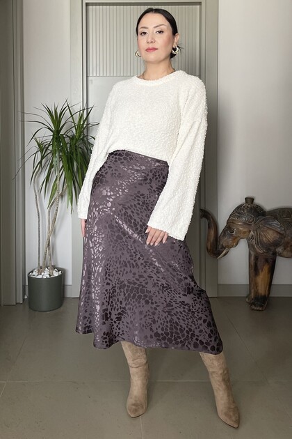 Leopard Patterned Satin Skirt Midi Length Elastic Waist