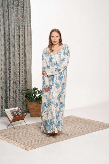 Women's Blue Patterned Lace Detailed Winter Plus Size (Oversized) Full Length Nightgown
