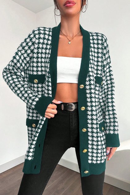 Women's Stylish Houndstooth Pattern Soft Textured Oversize Buttoned Cardigan