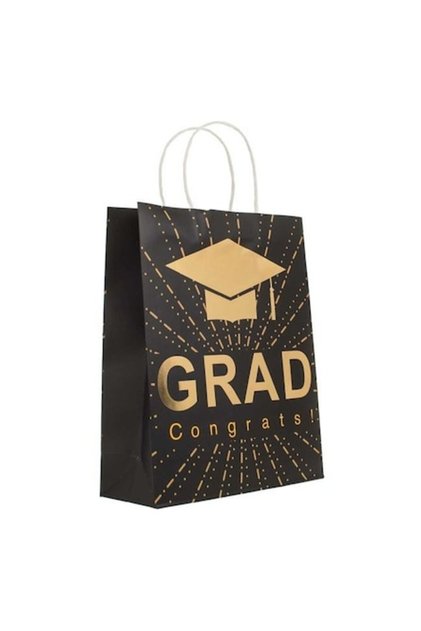Sacoșă cadou pentru absolvire neagră cu model auriu de șepcă „Felicitări absolvent!” – 26x10x32cm