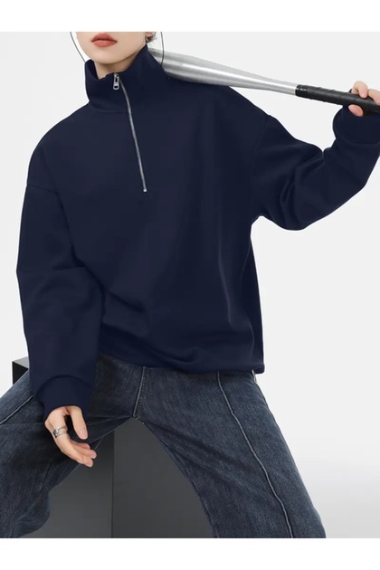 Women's Navy Blue Half Zipper High Collar 3 Thread Winter Sweatshirt Hoodie