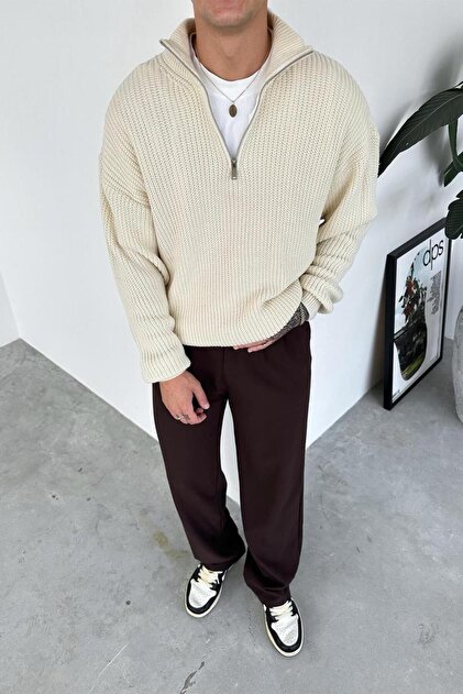 Cream Half-Zip High Neck Knit Sweater