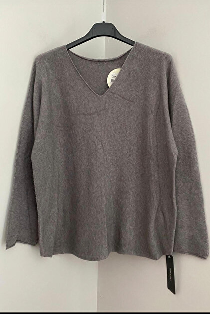 Women's Gray Solid Pattern V-Neck Long Sleeve Angora Knitwear Blouse Sweater