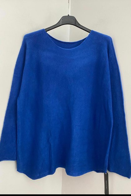 Women's Cobalt Blue Plain Pattern Crew Neck Long Sleeve Angora Knitwear Blouse Sweater