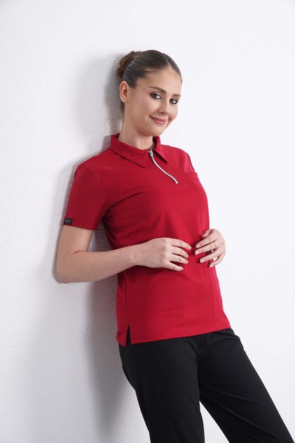 Exclusive Lycra Kırmızı Tek Üst Fermuarlı Hemşire forması, Cerrahi Forma, Scrubs Üniforma (UNISEX)