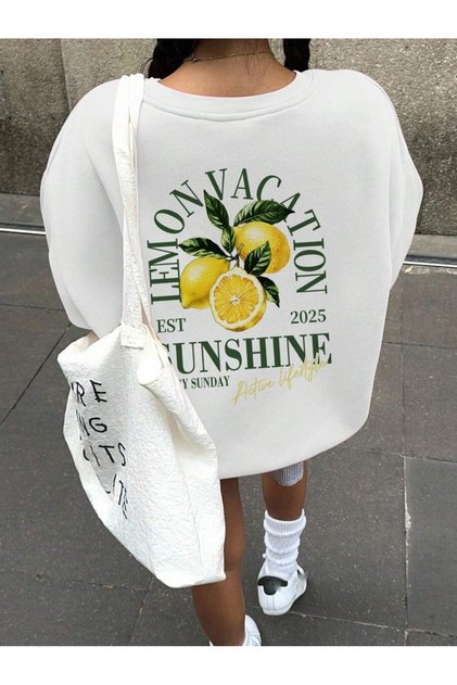 Women's White Lemon Vacation Printed Crew Neck Sweatshirt