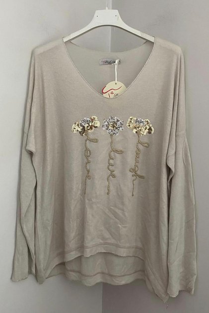 Women's Italian Beige V-Neck Front Side Gilding Ribbon Flower Sequin Patterned Loose Long Sleeve Blouse