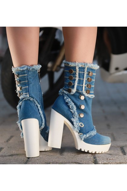 Jeanolog Tasseled Denim Boots with Button Detail