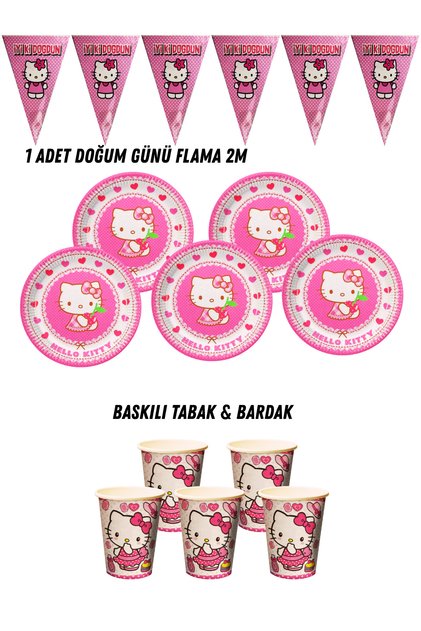 Hello Kitty 40-Person Plate, Cup, Pennant Flag Birthday Set