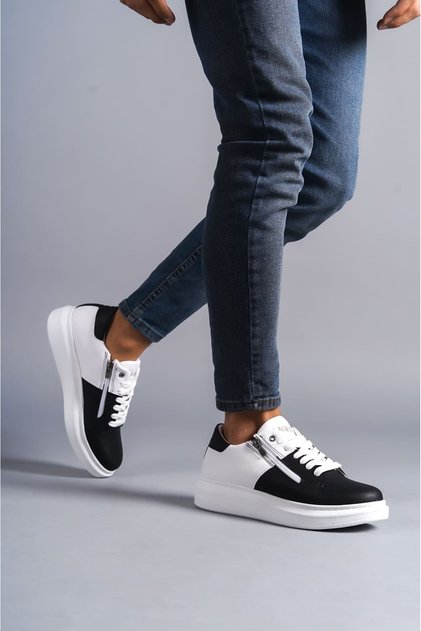 SLW155 Warrior Lace-up and Zipper Skin Men's Casual Sneaker Shoes CBT - White/Black