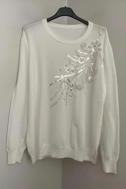Women's Italian White Round Neck Crossed Sequin Embroidered Angora Knitwear Sweater Blouse
