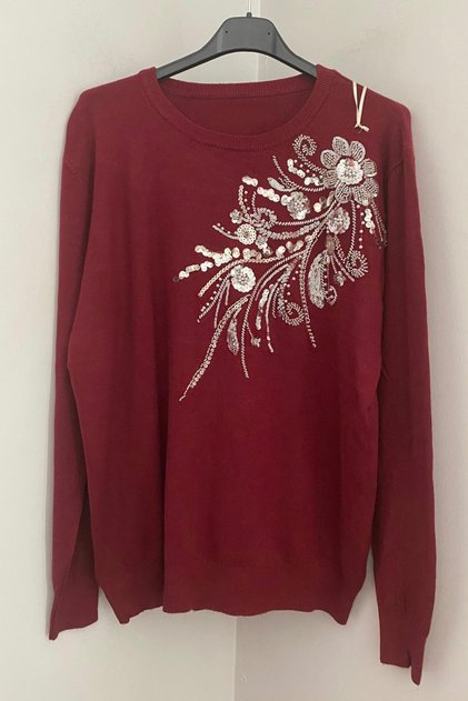 Women's Italian Burgundy Round Neck Crossed Sequin Embroidered Angora Knitwear Sweater Blouse