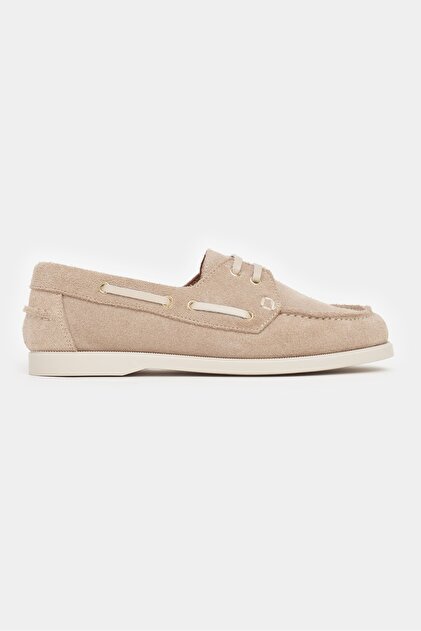 NİŞANTAŞI SHOES Javed Bej Hakiki Deri Süet Düz Taban Bağcıklı