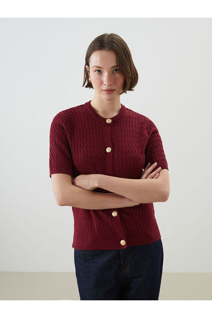 Alita City Lcwaikiki Classic Burgundy Knitwear Patterned Women's Cardigan with a Difference