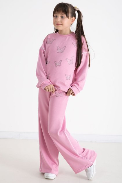 Pink Sequined Butterfly Embroidered Wide Leg Girls' Tracksuit Set 22734