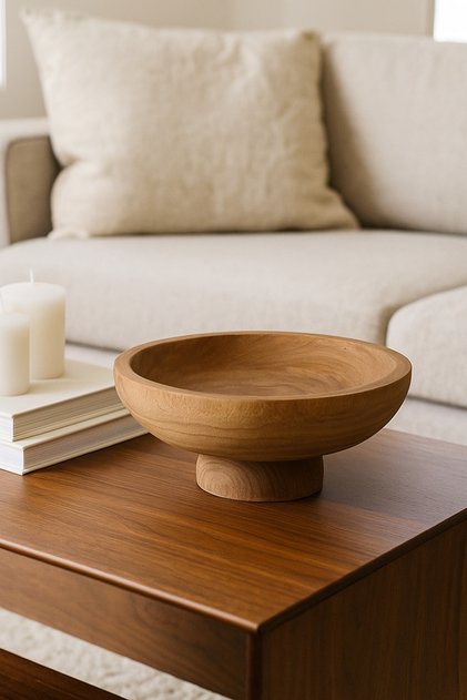 Walnut Wooden Decorative Bowl with Pedestal Base – Modern Centerpiece