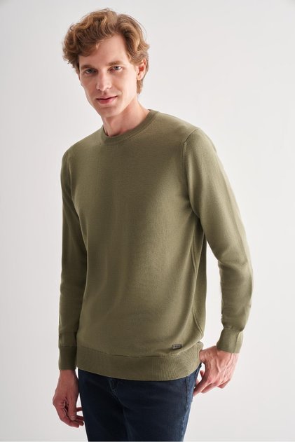 Green Crew Neck Pocketless Comfort Fit Classic Wool Knitwear Sweater 1012255006