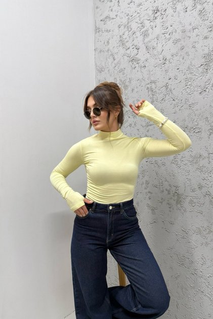 Galben – Body pentru femei cu detaliu pe degete – Mâneci lungi | Țesătură flexibilă și moale