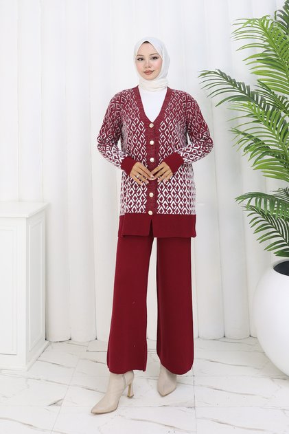 طقم كارديجان تريكو منقوش S1044 أحمر كلاريت