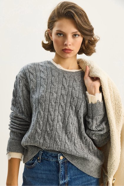 Women's Gray Crew Neck Hair Knit Patterned Ripped Cuff Detailed Knitwear Sweater Tk251087 60283599