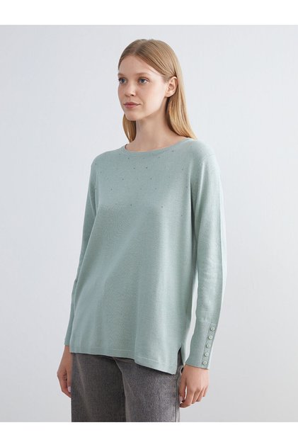 Green Crew Neck Stone Women's Knitwear Sweater