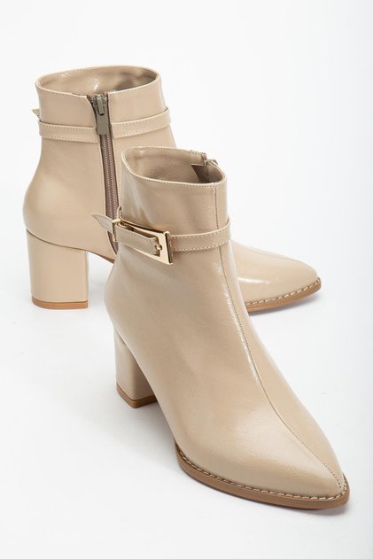 Beige Women's Heeled Boots Wrinkled Patent Leather Pointed Shape Tan Buckle