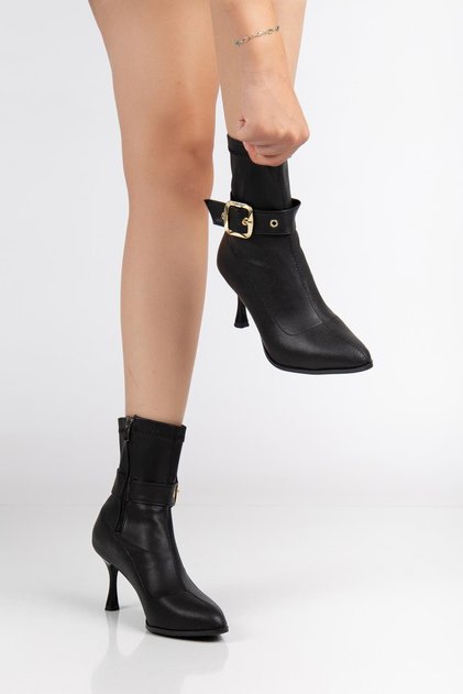 Black Women's Heeled Boots Stretch Faux Leather Thin Heels