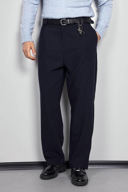 Men's Baggy Fit Fabric Trousers Navy Blue