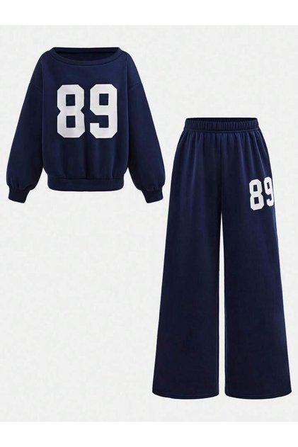 Girl's 89 Printed Navy Blue Crew Neck Sweatshirt - Loose Fit Navy Blue Tracksuit Set