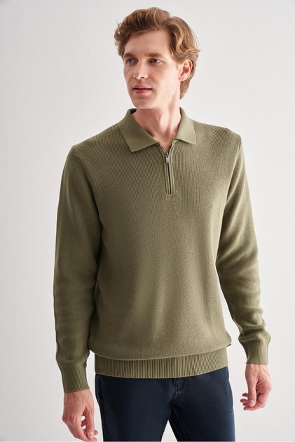 Yeşil Fermuarlı Polo Yaka Uzun Kol Cepsiz Comfort Fit Casual Pamuklu Triko Kazak 1012255202
